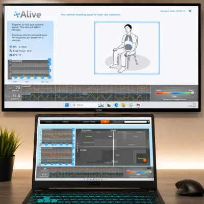 Софтуерът Alive на екрана: дихателно упражнение и графики на пулса и дишането
